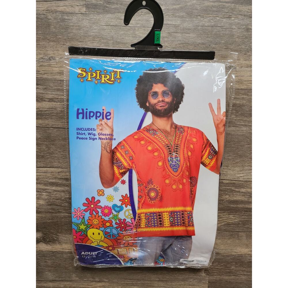 Spirit Halloween Adult L/XL Hippie Costume Shirt, Wig, Glasses, Peace Necklace - Picture 13 of 13
